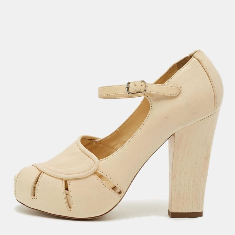 Chloe Size 38 Beige Leather Mary Jane Peep Toe Platform Pumps